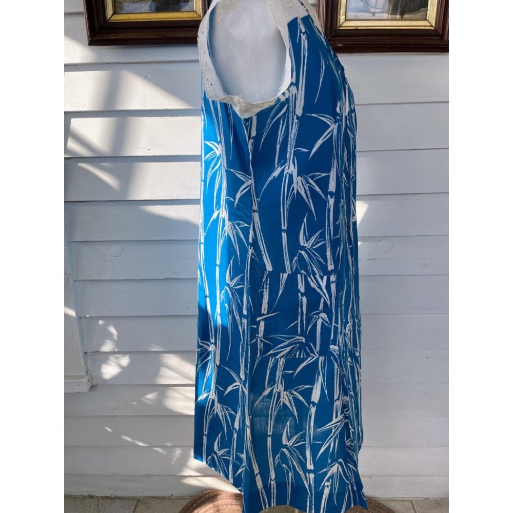 Vintage 1970s Bamboo Print Blue House Dress Eyelet Lace XL - Picture 3 of 14